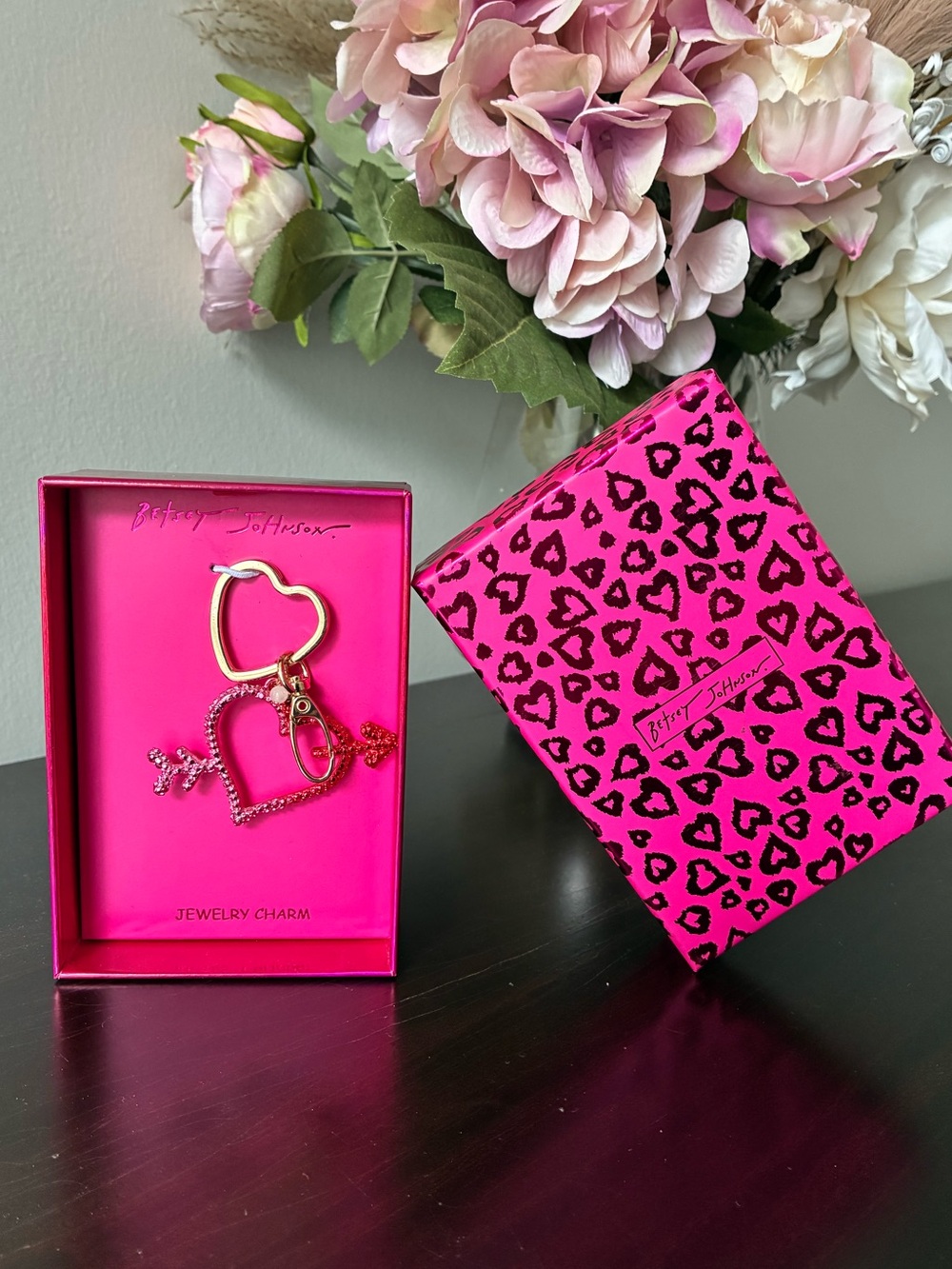 Betsey Johnson Hot Pink Heart Arrow Key & Card Holder Charm with Gold Accents